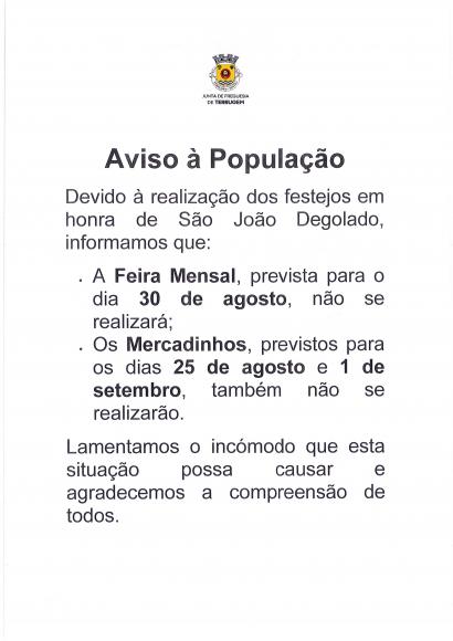 AVISO- CANCELAMENTO DA FEIRA DE DIA 30 DE AGOSTO E DOS MERCADINHOS DIA 25 DE AGOSTO E 1 DE SETEMBRO
