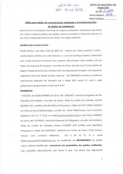 Edital para exerc&iacute;cio do direito de prefer&ecirc;ncia (Terreno rustico Sec&ccedil;&atilde;o 1C artigo 4218)