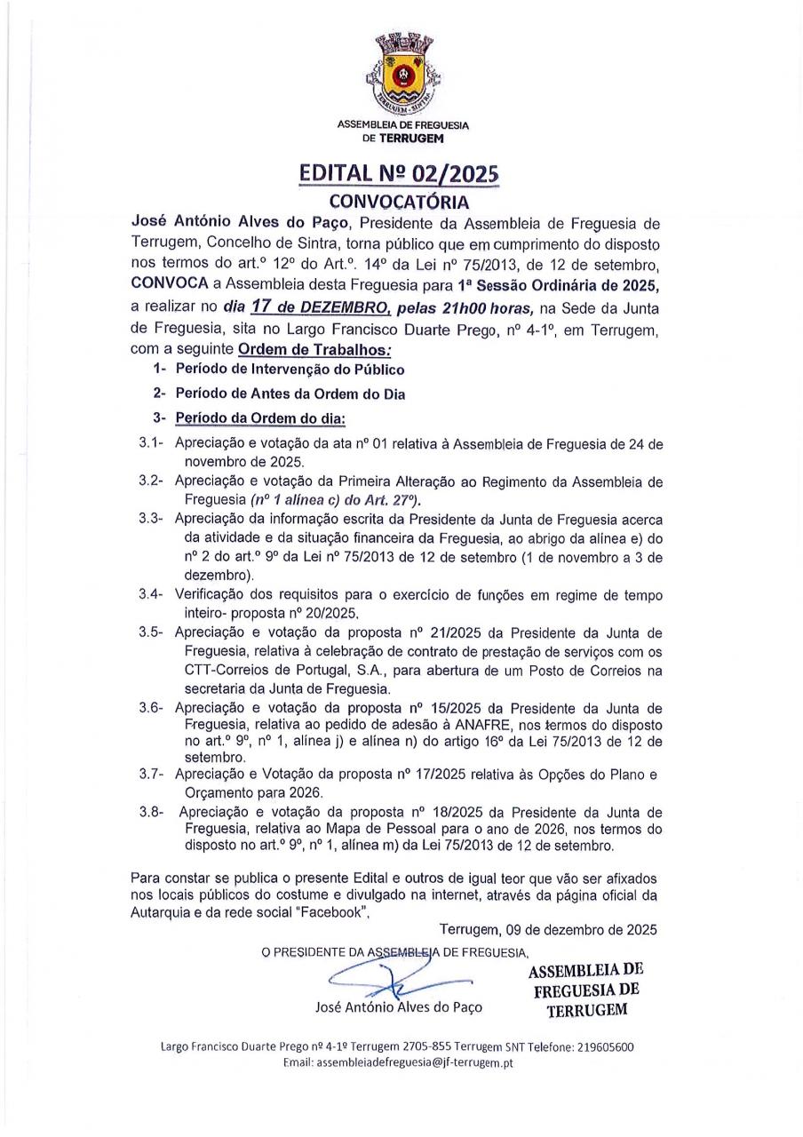 1&ordf; Sess&atilde;o Ordin&aacute;ria da Assembleia de Freguesia